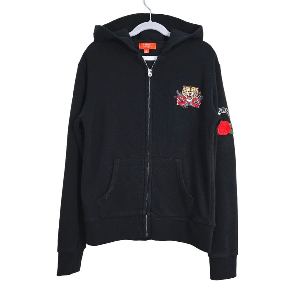 🐯🌹BUTTER Black Embroidered Tiger & Red Rose Hoodie, Size M ~ EUC
